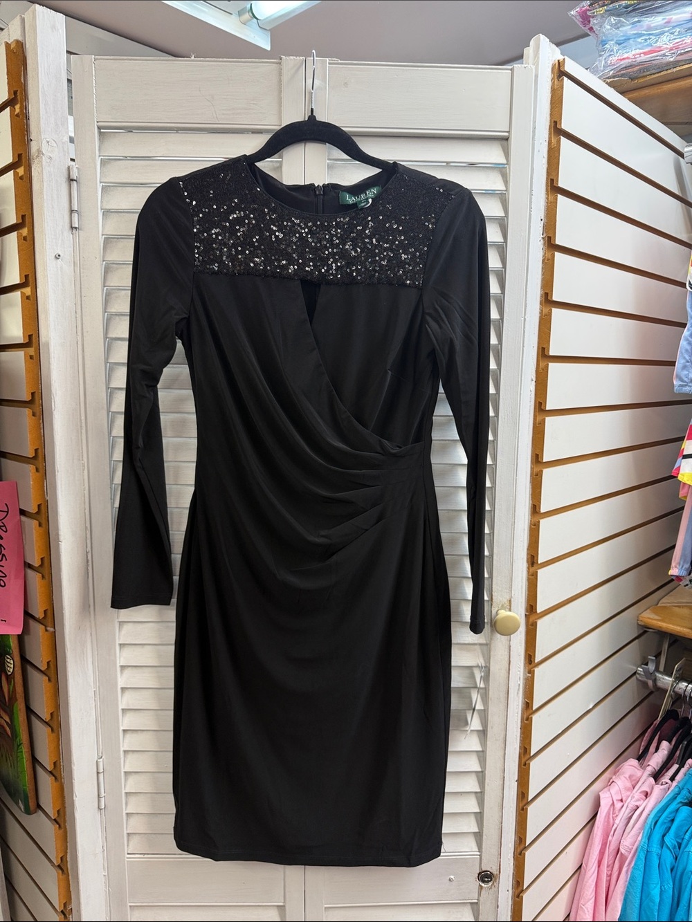 Lauren Ralph Lauren Black Long Sleeve Sequin Yoke Faux-Wrap Dress